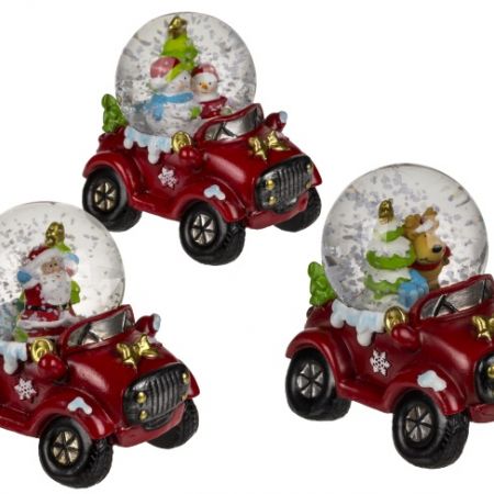 Out Of The Blue Polyresin Snow Globe with Christmas Figurines on Car Base 950143 Red Assorted 1 Pc